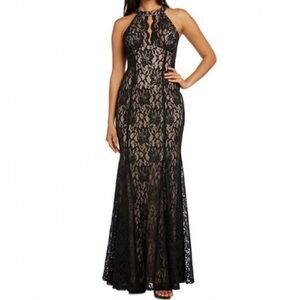 R & M Richards Sleeveless Halter Neck Glitter Lace Long Dress Black Tan SZ 6